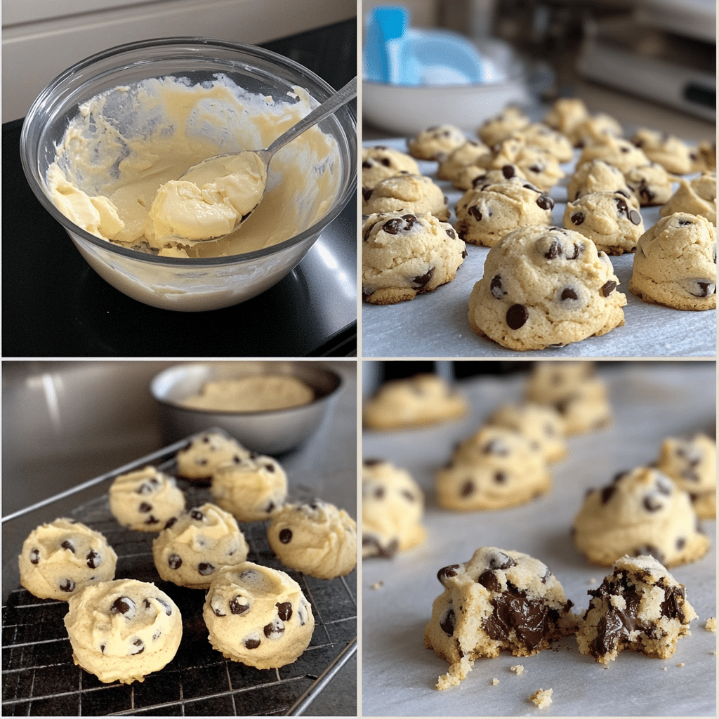 Four panel collage showing creaming butter and sugar, mixing dough, scooping on tray, and baked cookies cooling