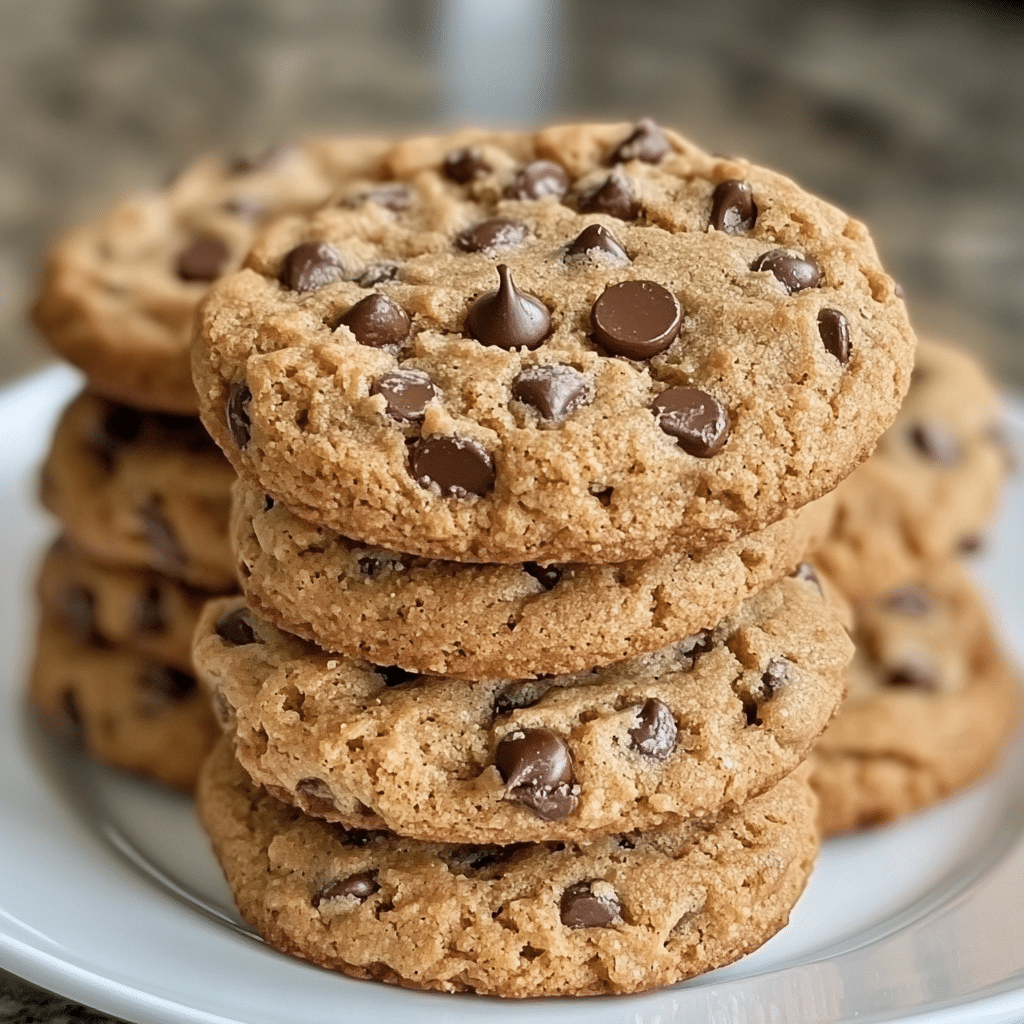 Thick soft chocolate chip cookies stacked on a plate with melty chocolate chips