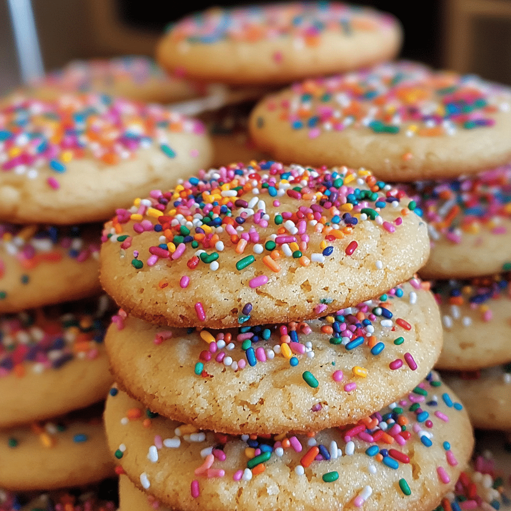 Confetti cookies with colorful sprinkles stacked on a plate