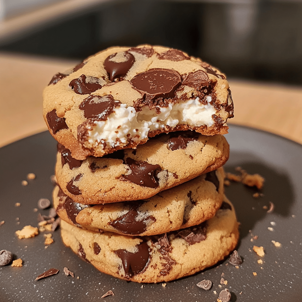 stack of cottage cheese chocolate chip cookies with gooey chocolate chips