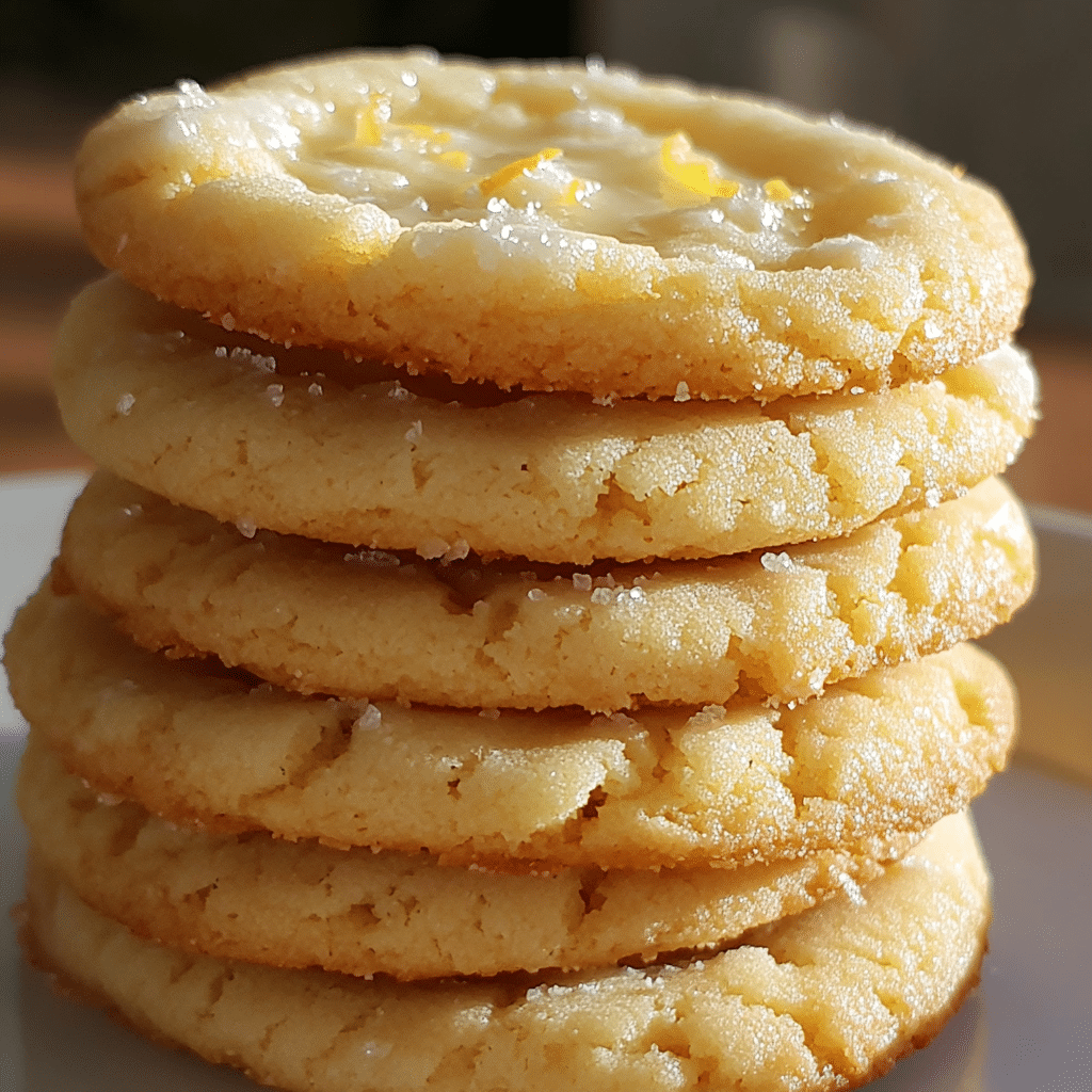 Lemon sugar cookies with crackly tops and light lemon glaze drizzle on a plate