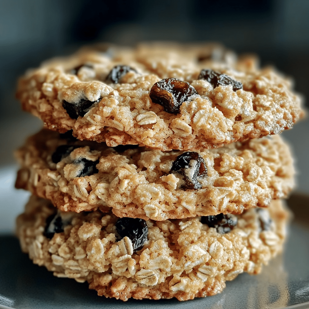 Soft oatmeal raisin cookies stacked on a plate with oats and raisins