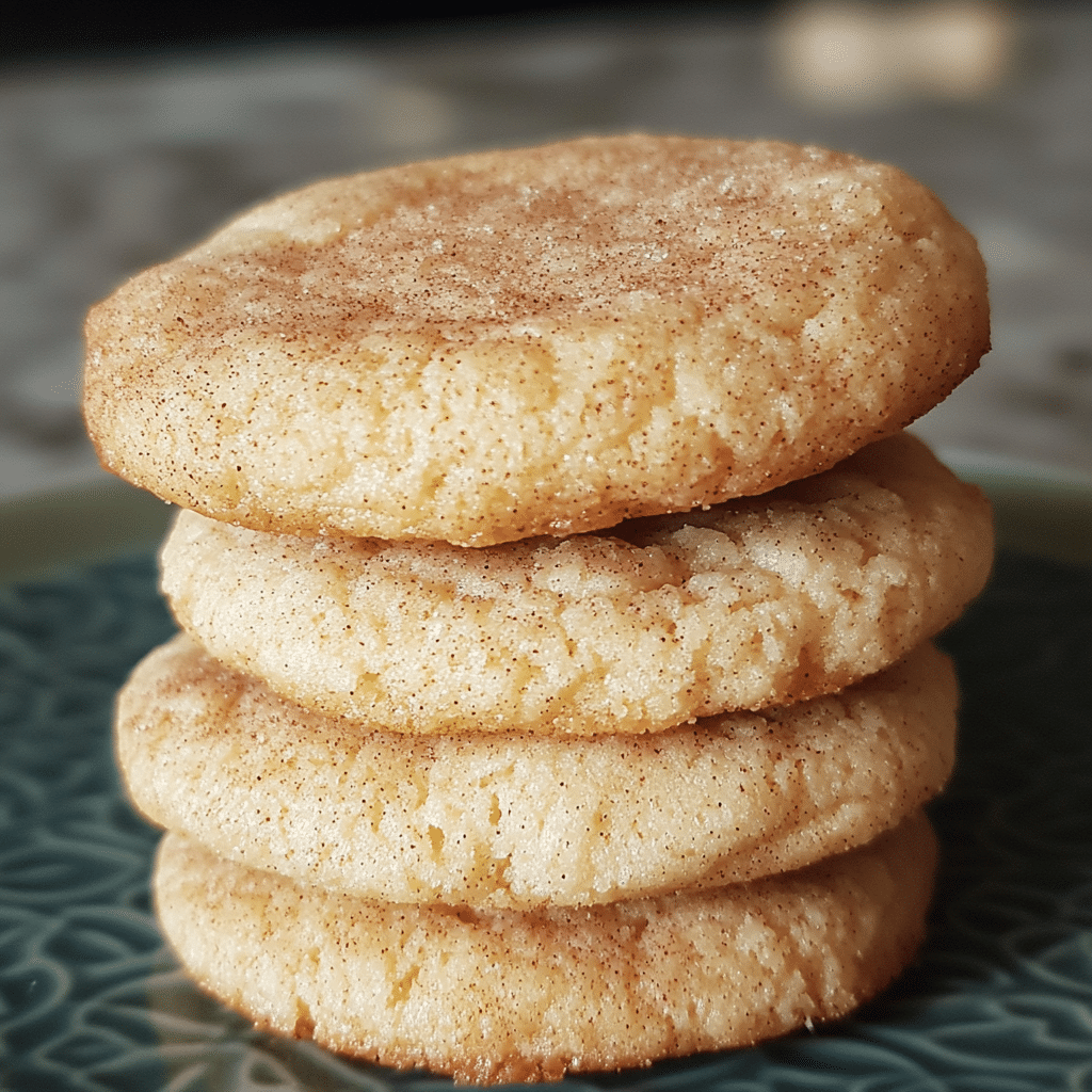 Soft snickerdoodles stacked on a plate with cinnamon sugar coating