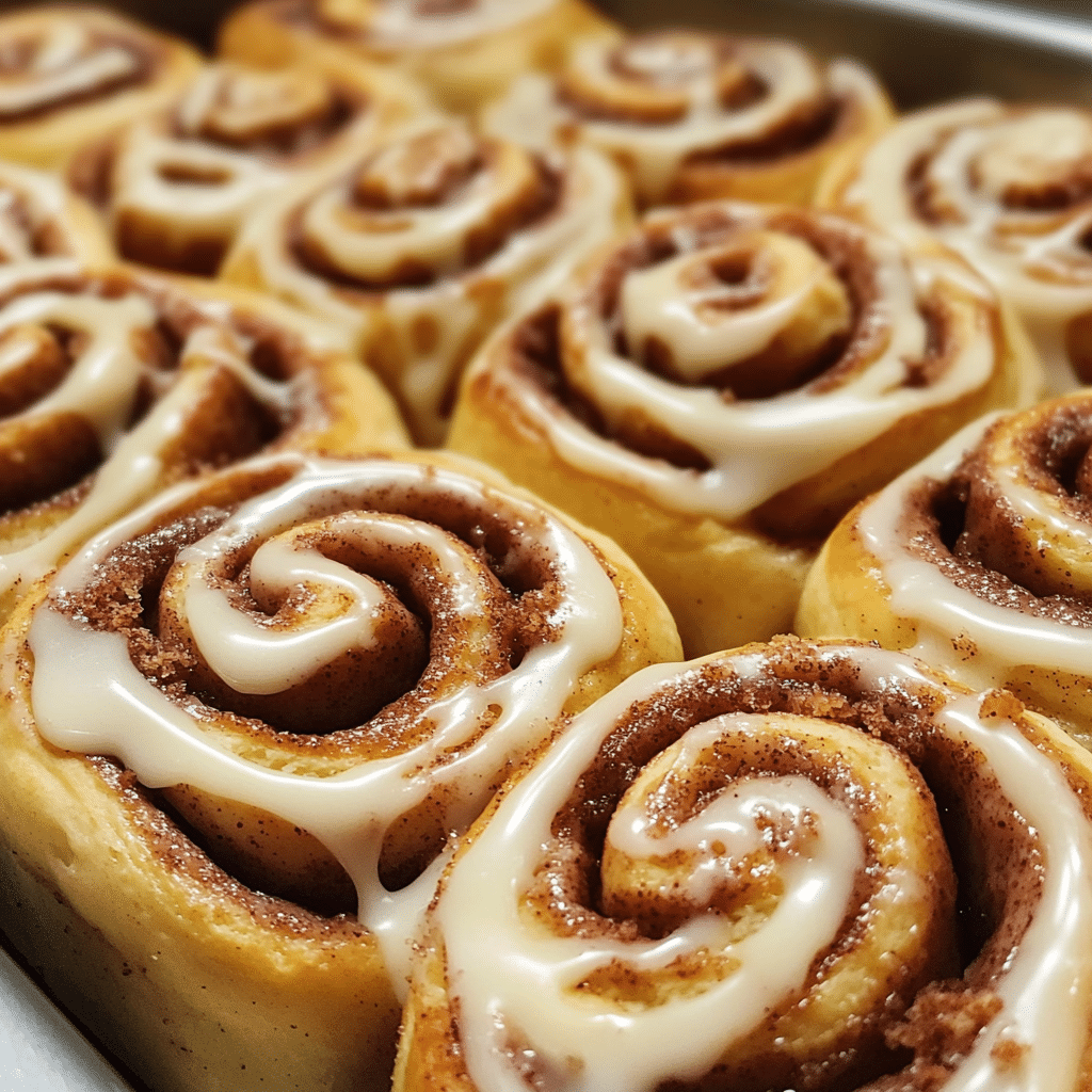 Sourdough cinnamon rolls in a pan with vanilla icing dripping over the top