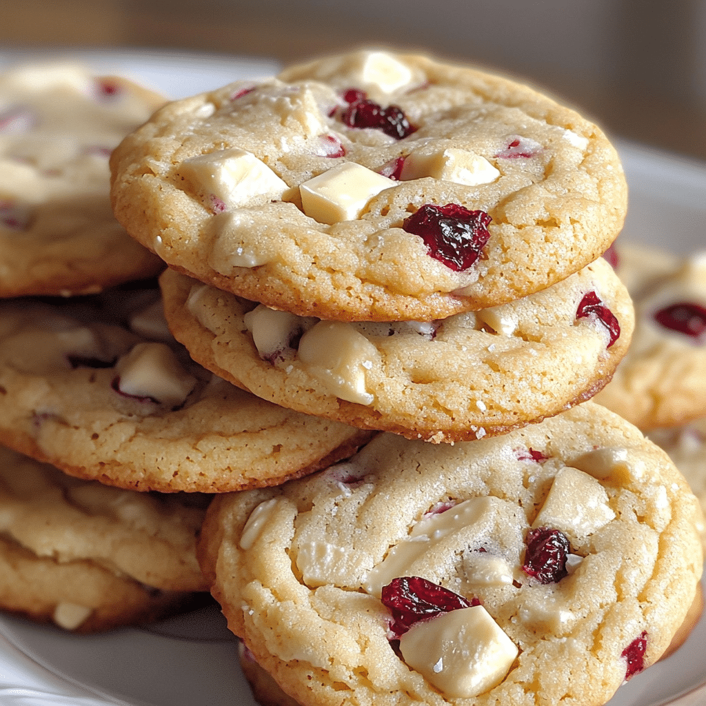 White chocolate cranberry cookies stacked on a plate with chunks and cranberries visible