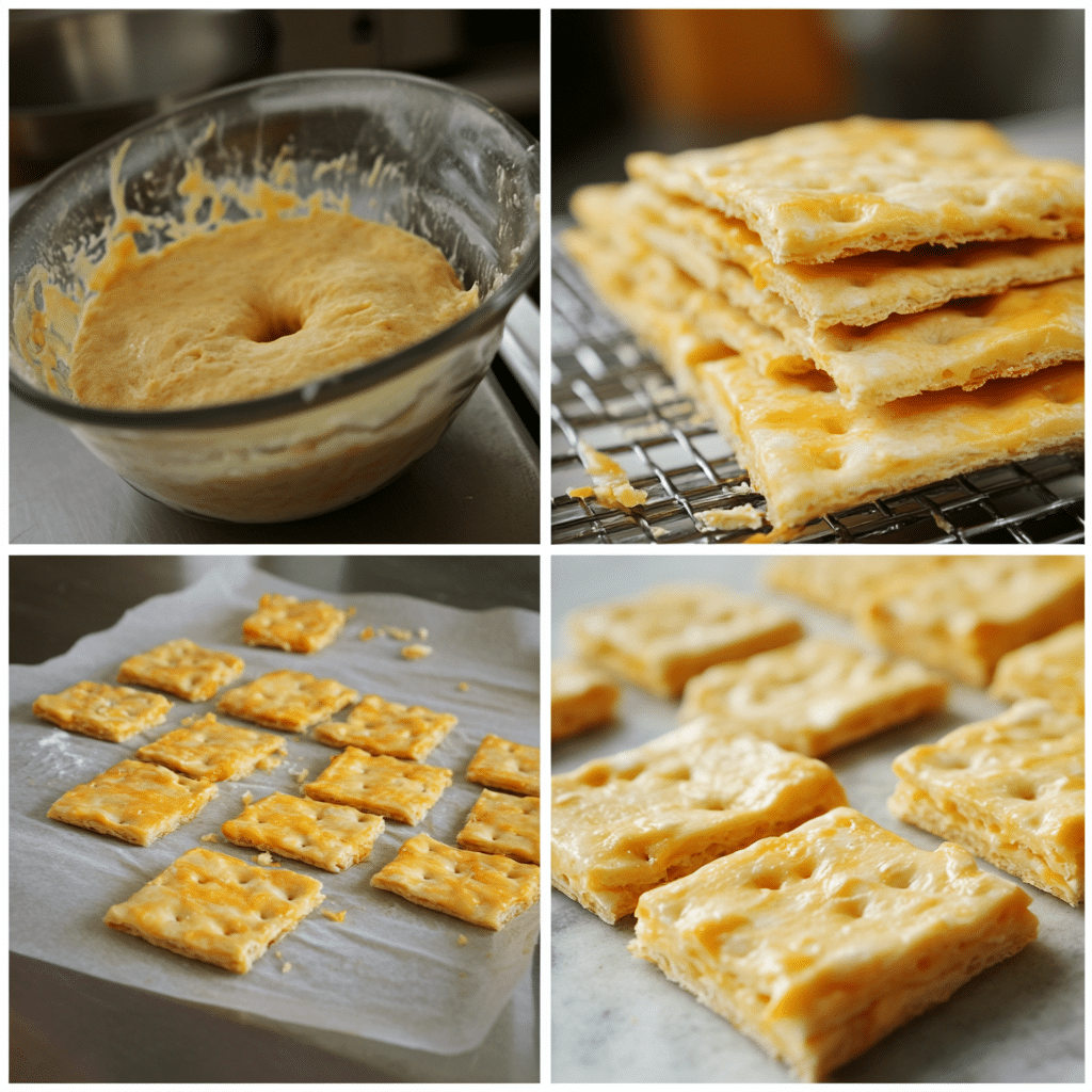 Four panel collage showing mixing dough, rolling thin, cutting squares with holes, and baked crackers cooling