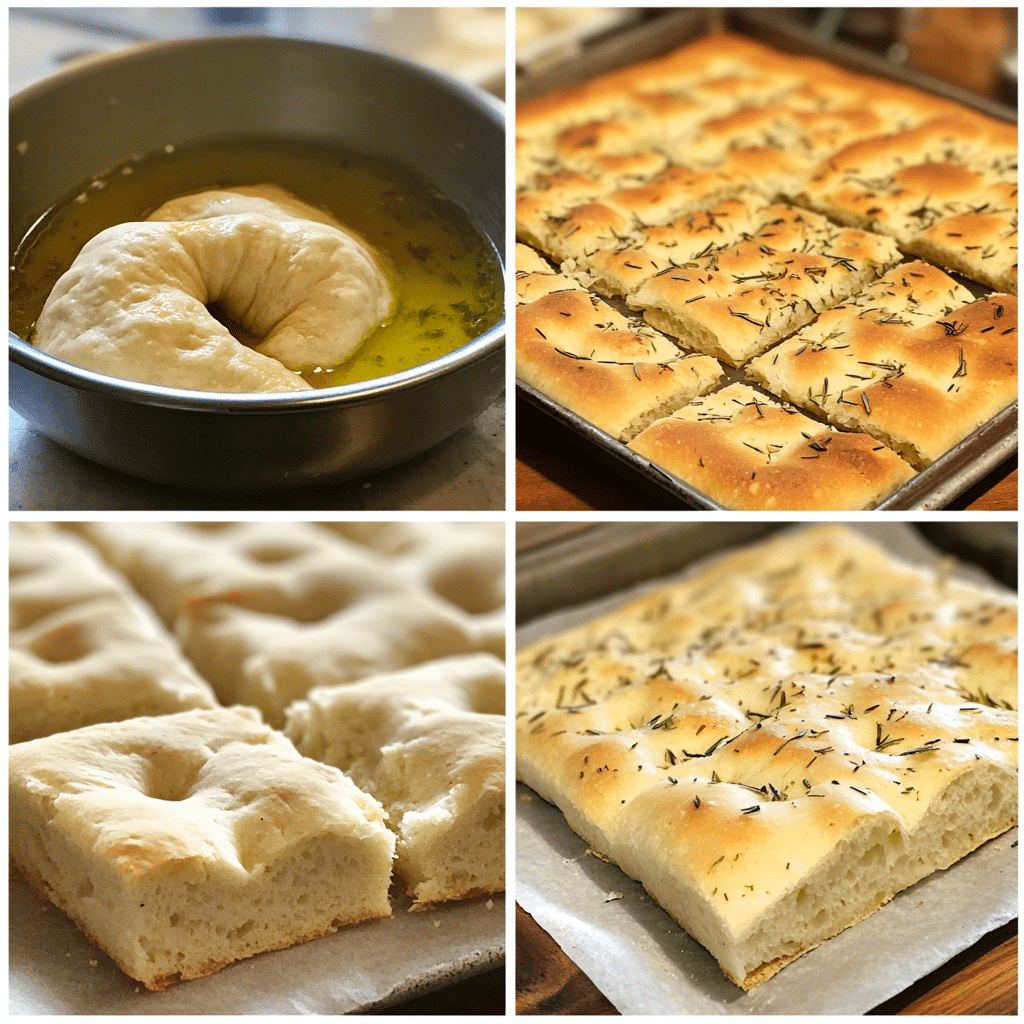 Four panel collage showing mixing dough, spreading in oiled pan, dimpling with oil and rosemary, and baked focaccia squares