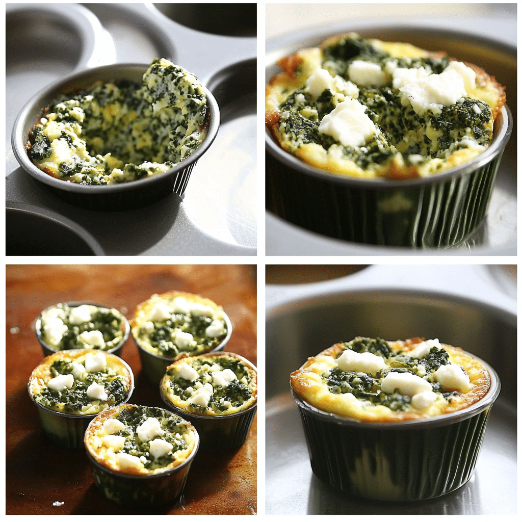 Four panel collage showing blending, mixing, filling muffin cups, and baked egg bites