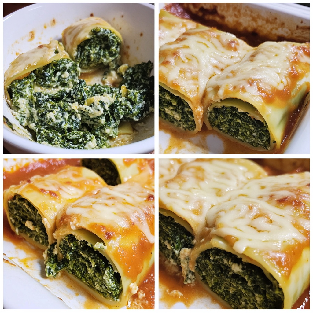 Four panel collage showing how to make spinach lasagna roll ups from filling to baking