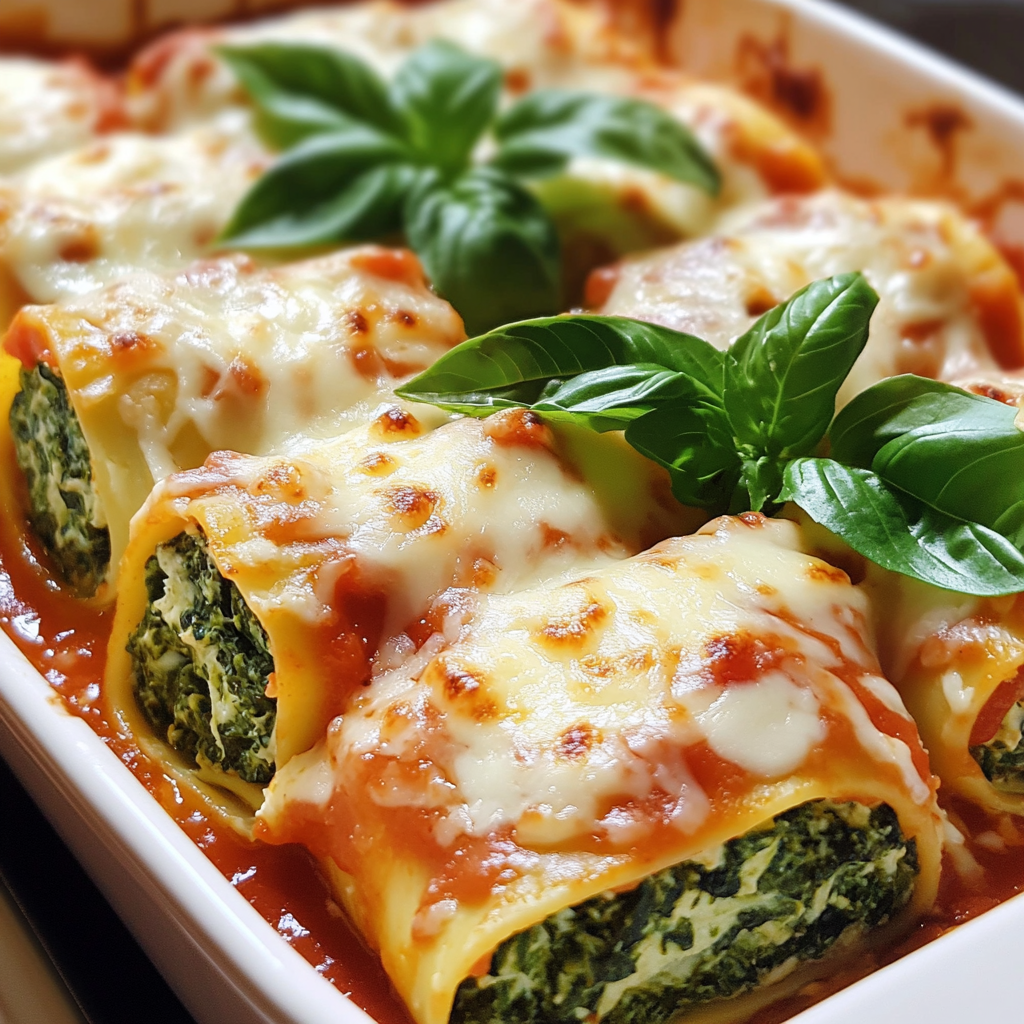 Spinach lasagna roll ups in a baking dish with marinara and melted cheese