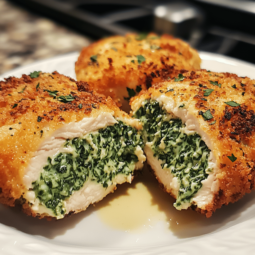 Spinach stuffed chicken cutlets sliced open showing creamy spinach filling