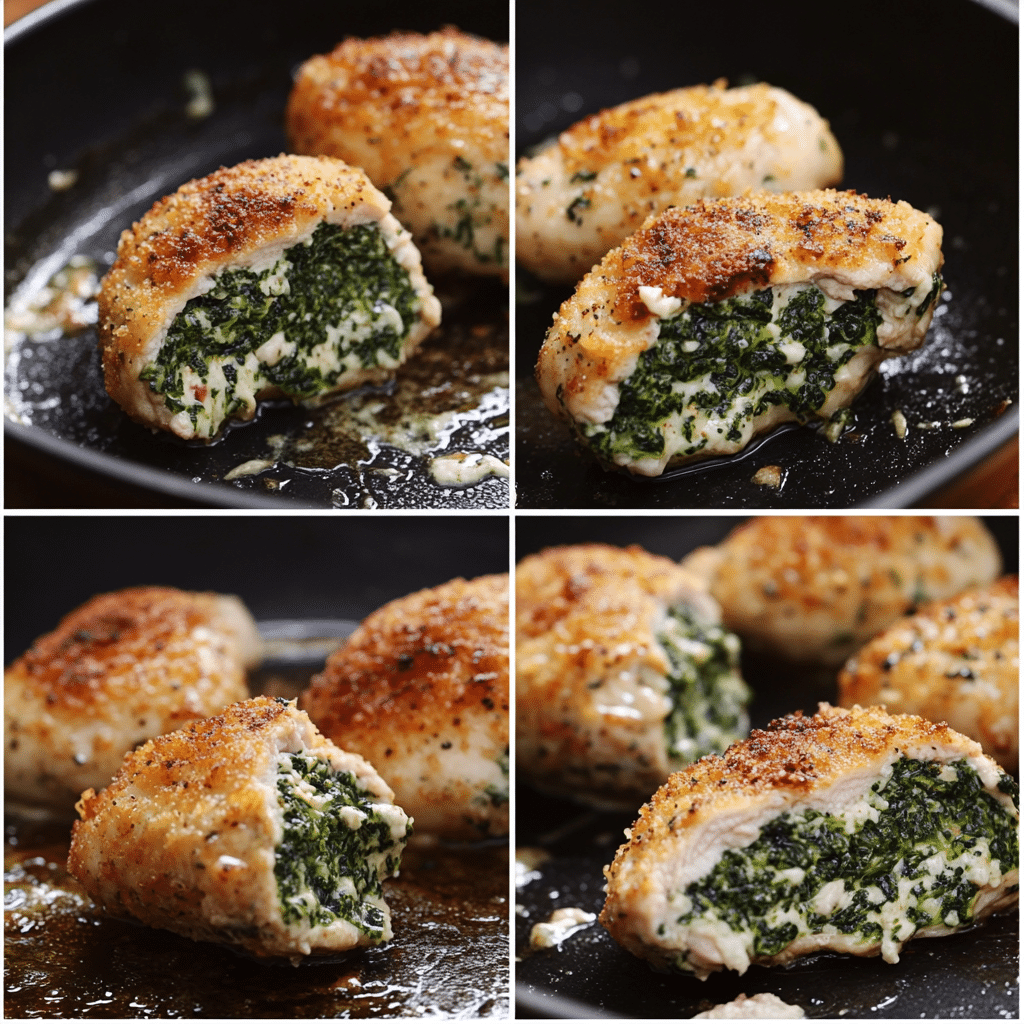 Four panel collage showing how to make spinach stuffed chicken
