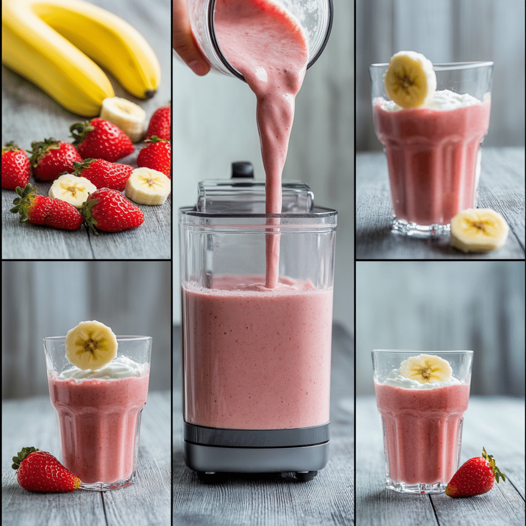 Four panel collage showing adding ingredients, blending, and pouring smoothie