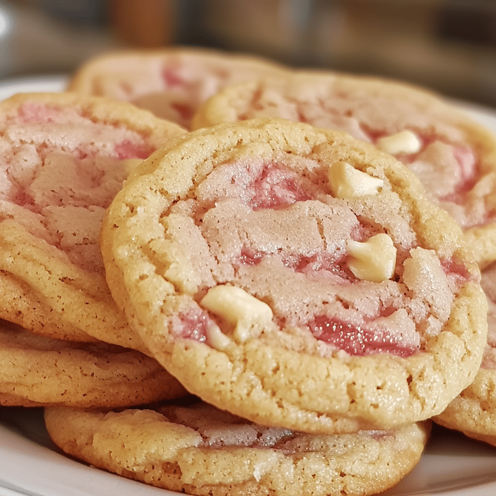 Pink strawberry cake mix cookies with crackly tops on a plate