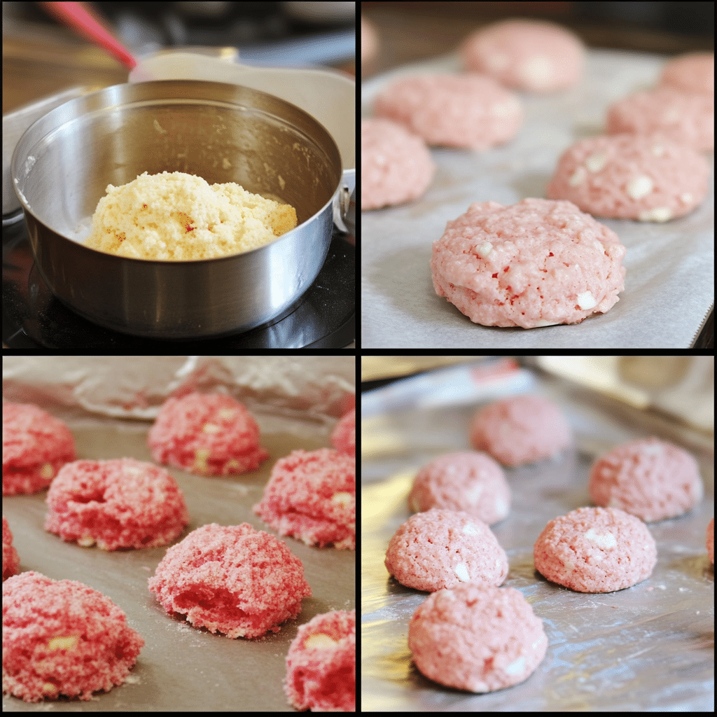 Four panel collage showing mixing dough, rolling in sugar, baking, and cooling strawberry cookies