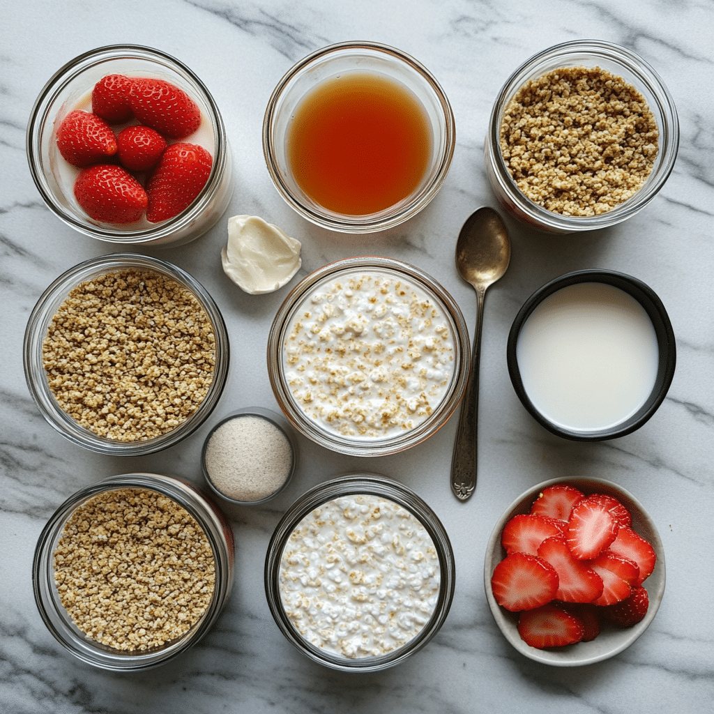 ingredients for strawberry cheesecake overnight oats including oats milk cottage cheese strawberries chia seeds vanilla and honey