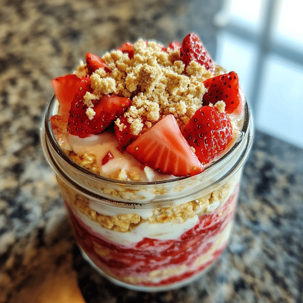 jar of strawberry cheesecake overnight oats with strawberries and graham style crumbs