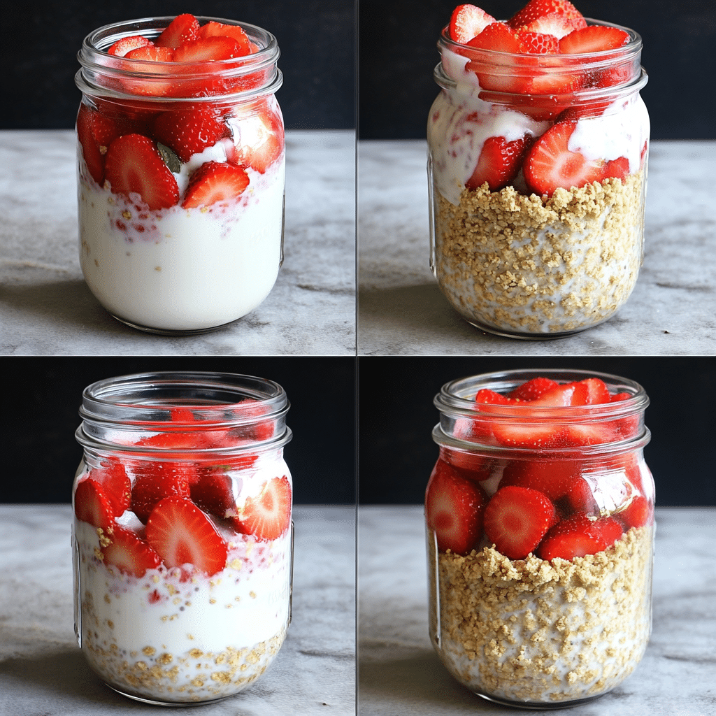 four panel collage showing steps to make strawberry cheesecake overnight oats