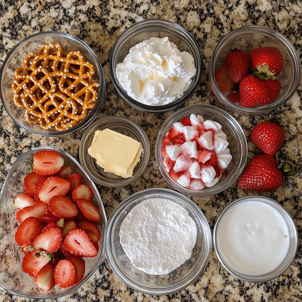 Ingredients for strawberry pretzel salad including pretzels, cream cheese, whipped topping, gelatin mix, and strawberries
