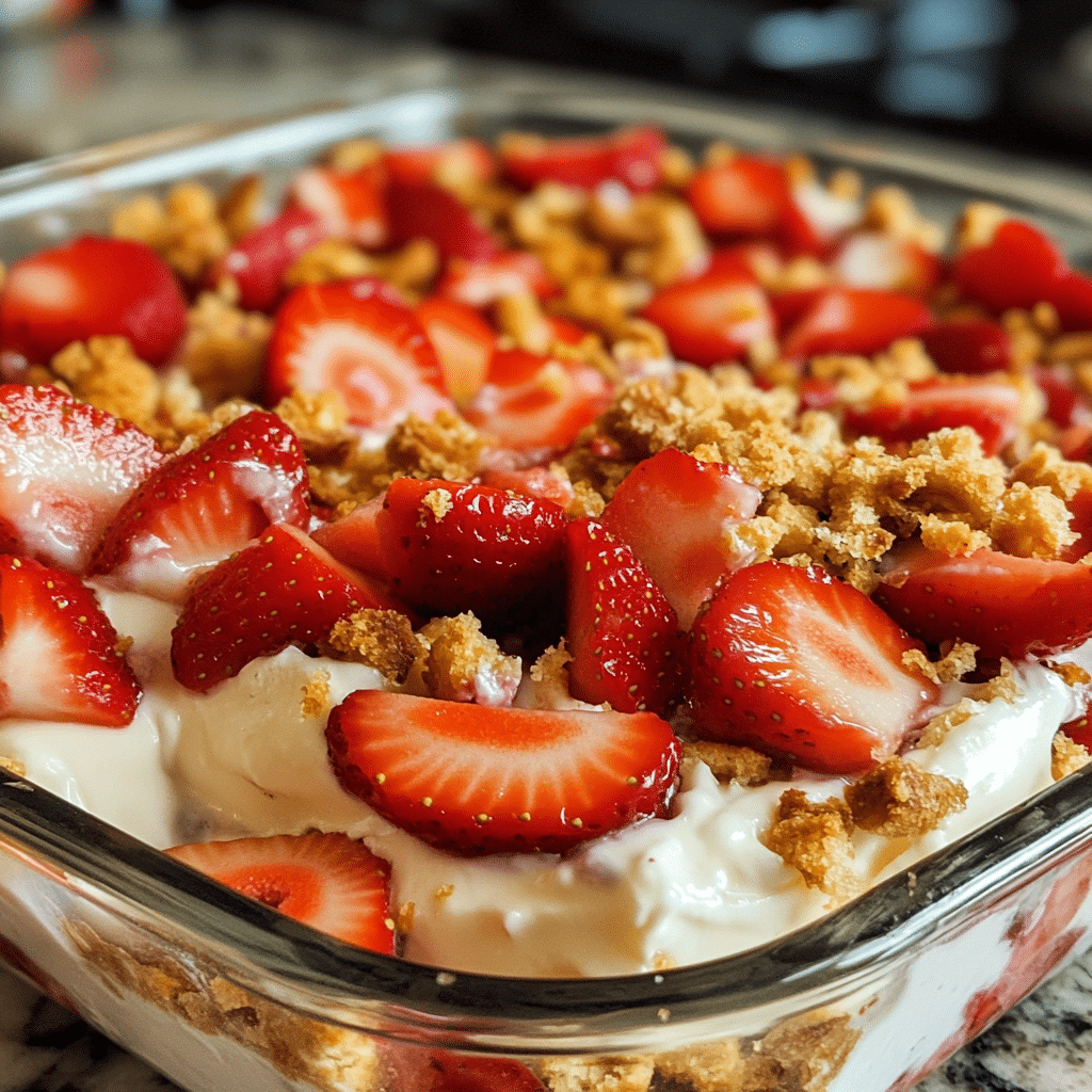 Strawberry pretzel salad with pretzel crust, cream layer, and strawberry topping in a glass dish