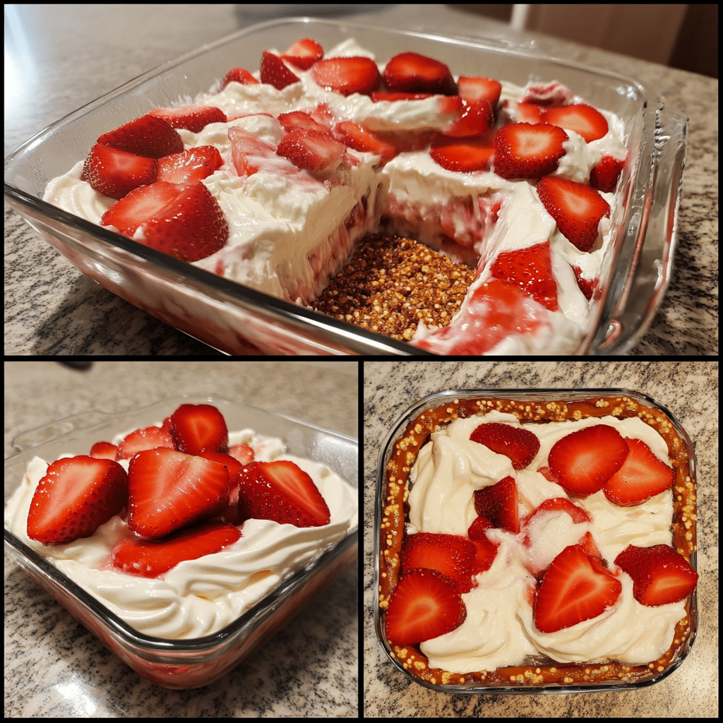 Four panel collage of making strawberry pretzel salad from crust to sliced squares