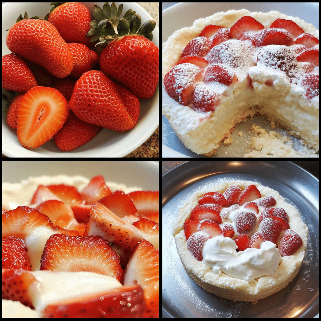 Four panel collage showing sugared strawberries, shaping shortcakes, baking, and assembling with whipped cream