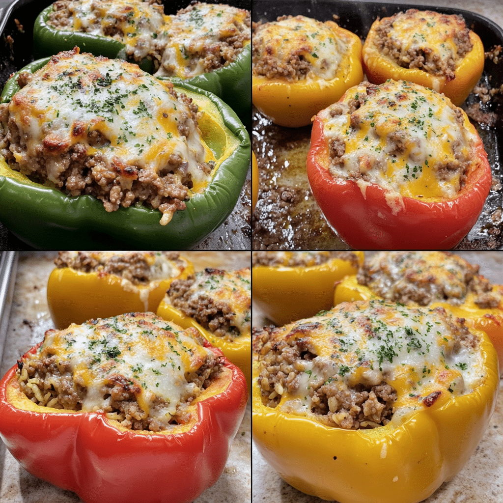 four panel collage showing steps to make stuffed peppers