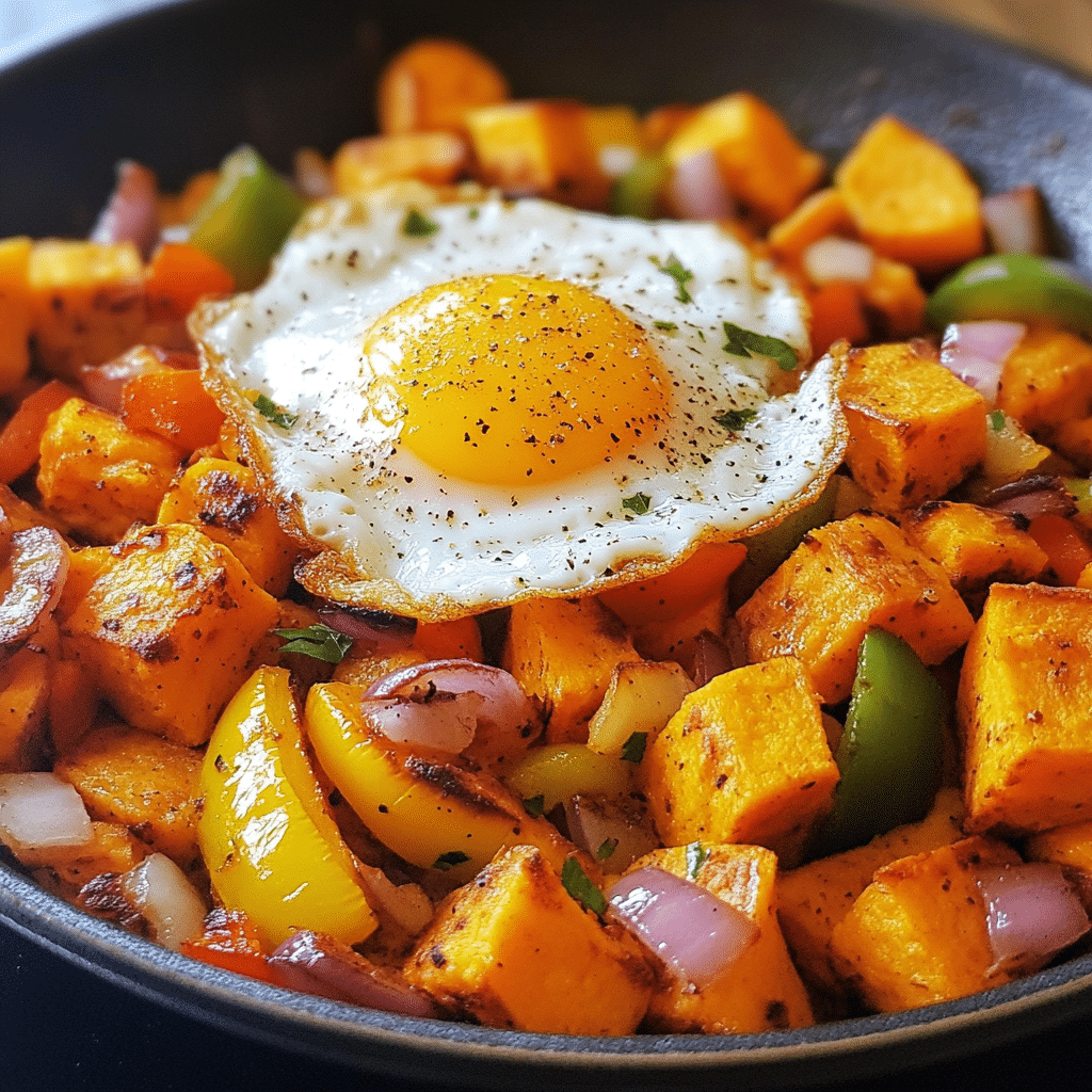 Sweet potato hash in a skillet with peppers and onions