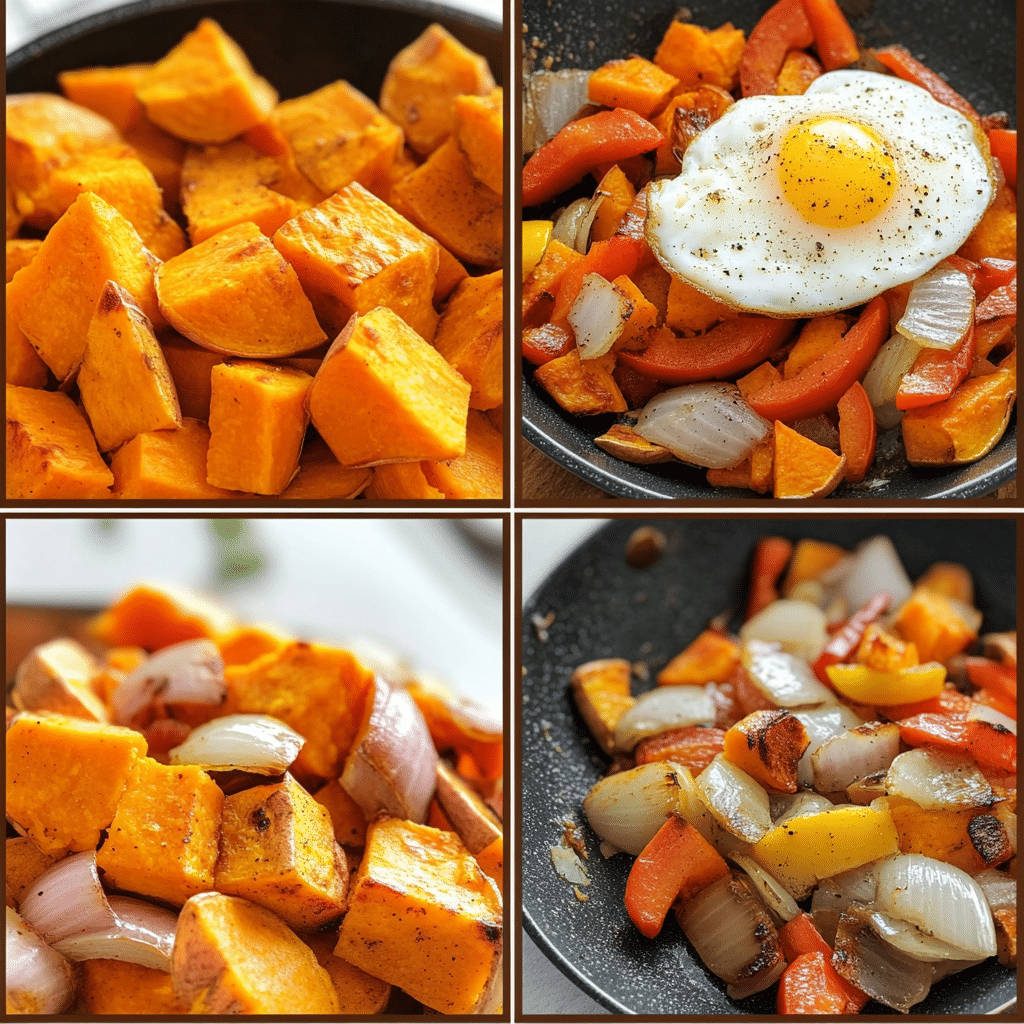 Four panel collage showing chopping, cooking, seasoning, and serving sweet potato hash