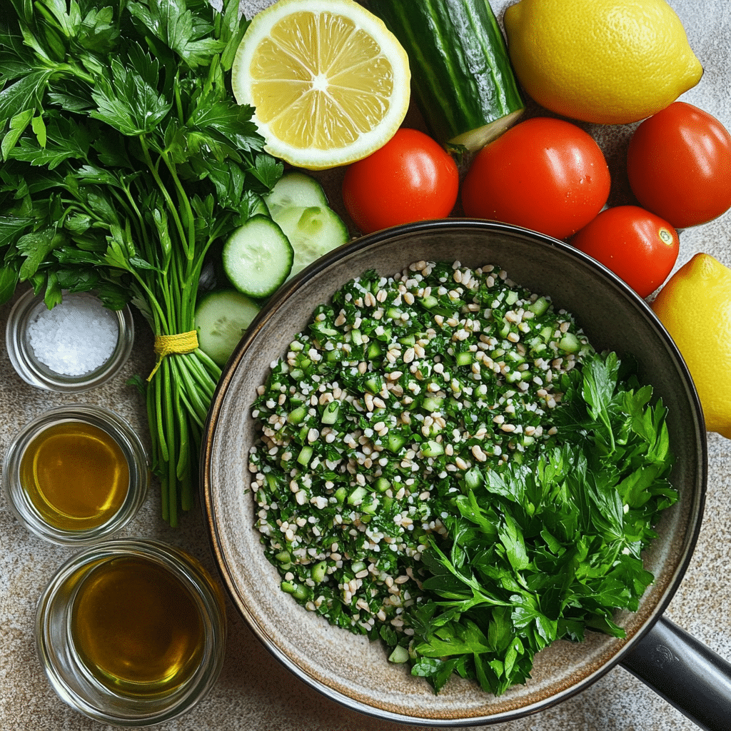 ingredients for tabbouleh salad including bulgur parsley mint tomatoes cucumber lemon and olive oil
