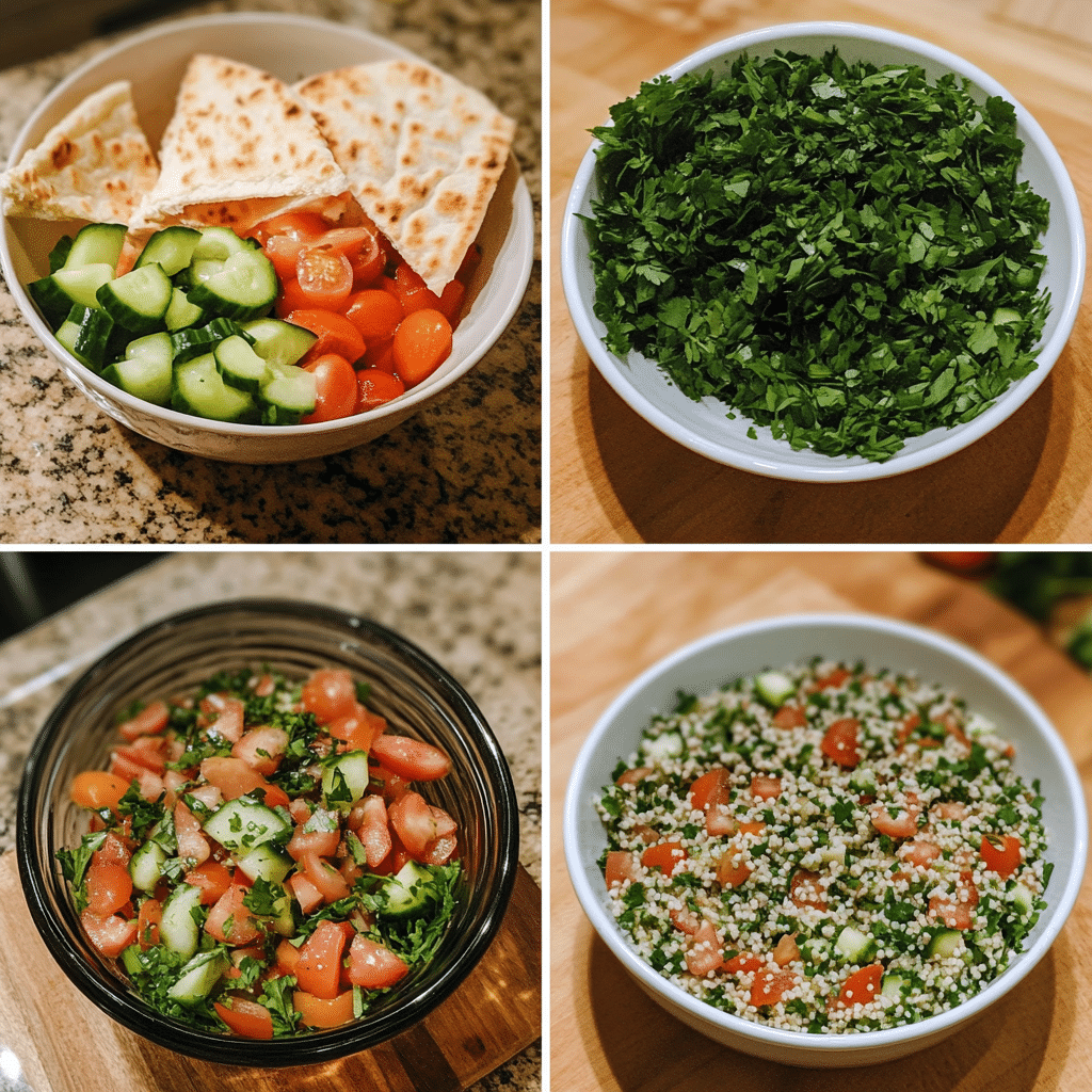 four panel collage showing steps to make tabbouleh salad