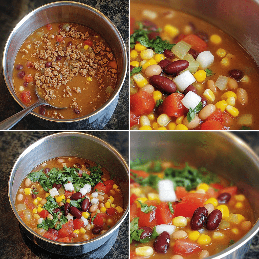 Four panel collage showing browning meat, adding seasoning, simmering soup, and serving with toppings