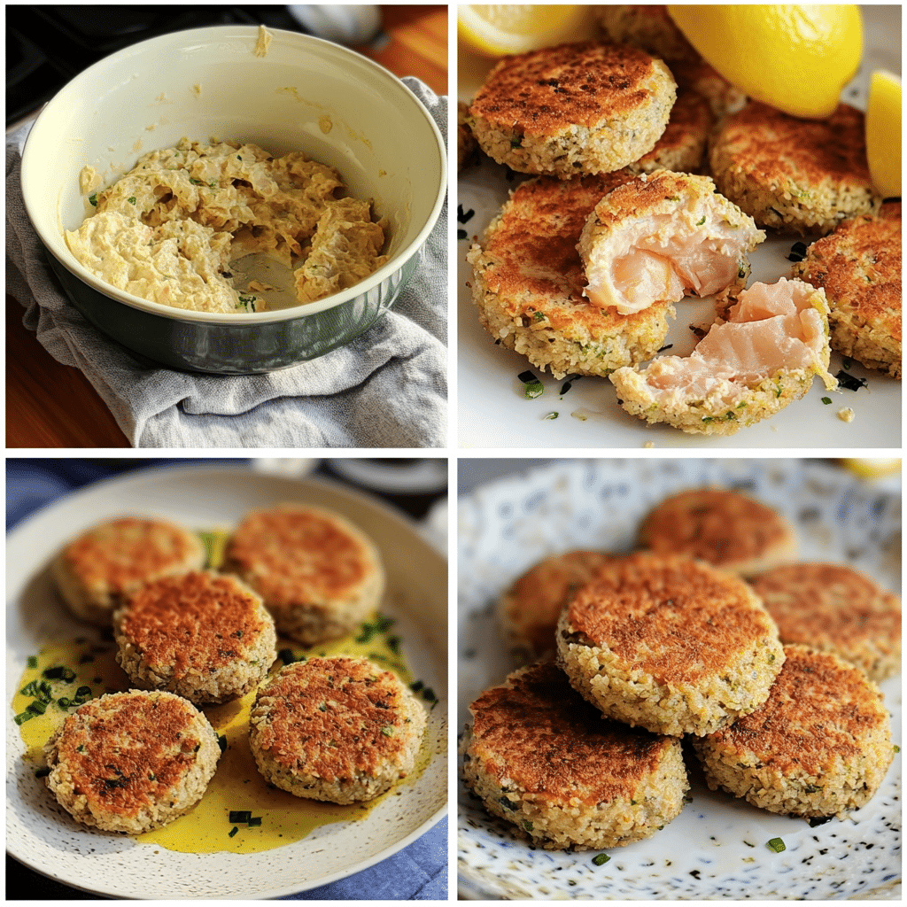 Four panel collage showing how to make tuna patties from mixing to frying