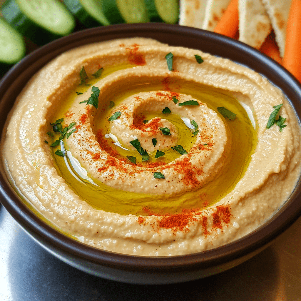 bowl of homemade hummus with olive oil and paprika