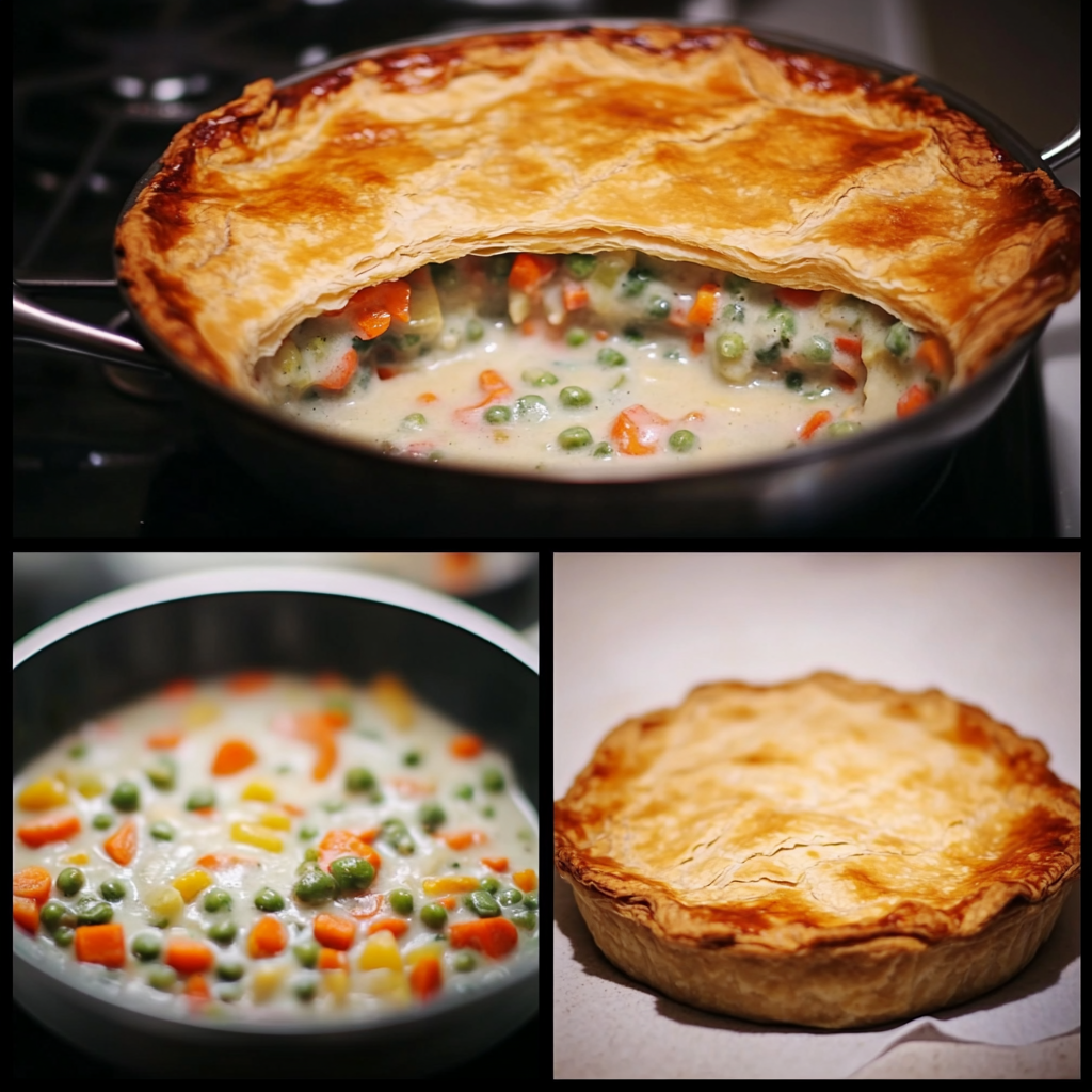 Four panel collage showing how to make vegetarian pot pie from cooking filling to baking
