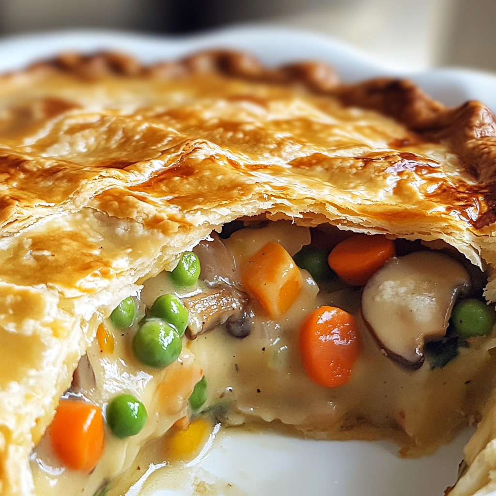 Vegetarian pot pie with golden crust and creamy vegetable filling in a pie dish