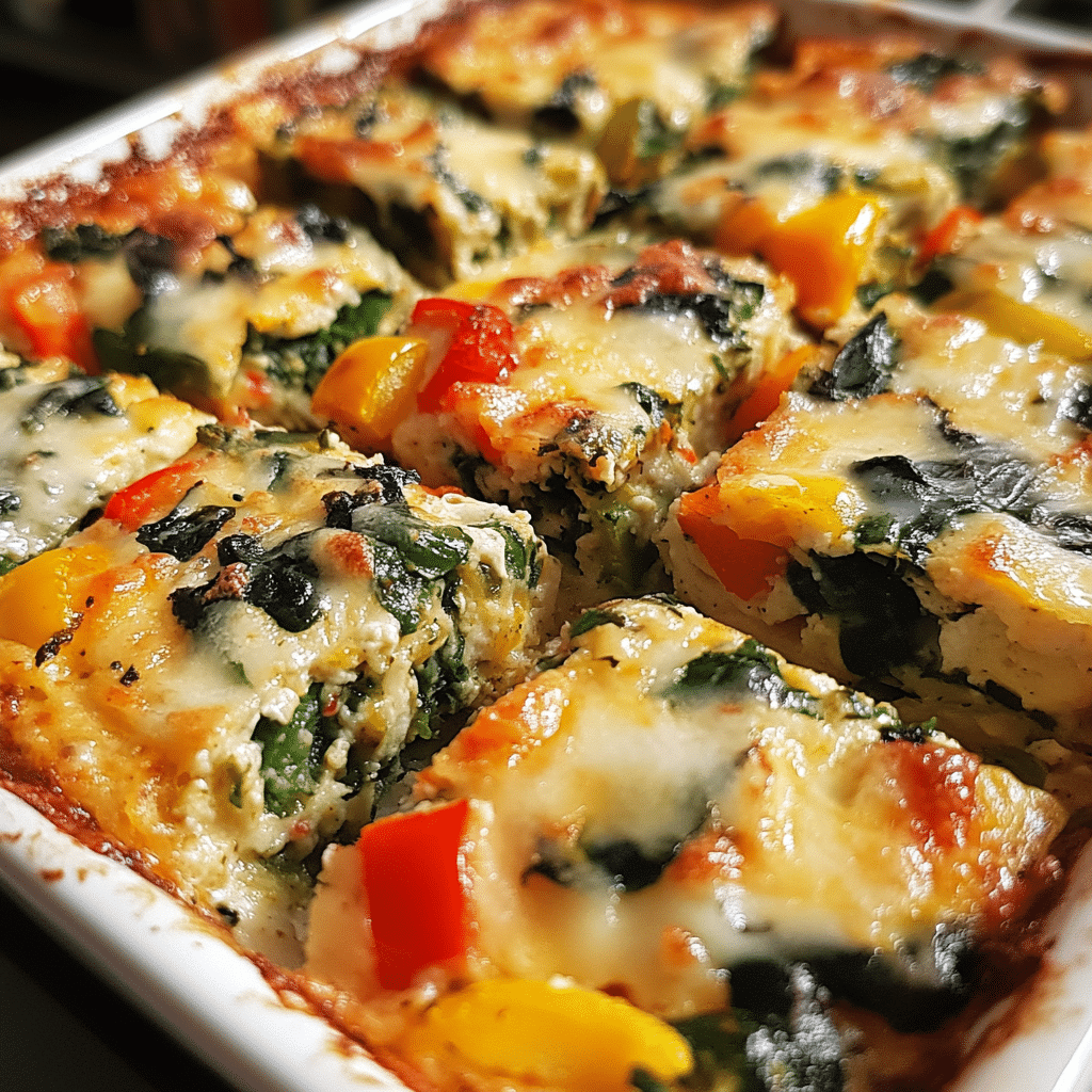 Veggie breakfast casserole in a baking dish cut into squares