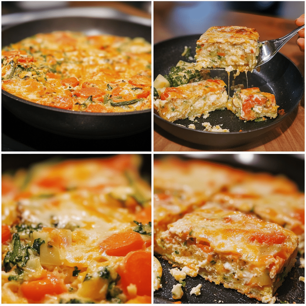 Four panel collage showing sautéing vegetables, mixing egg base, assembling, and baked casserole sliced