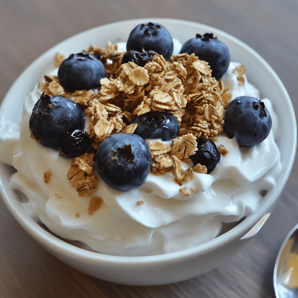 fluffy whipped yogurt bowl with blueberries and granola