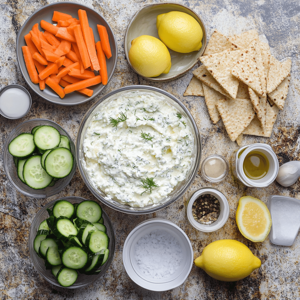 ingredients for whipped cottage cheese dip including cottage cheese lemon garlic olive oil herbs and vegetables