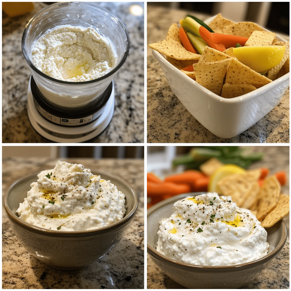 four panel collage showing steps to make whipped cottage cheese dip