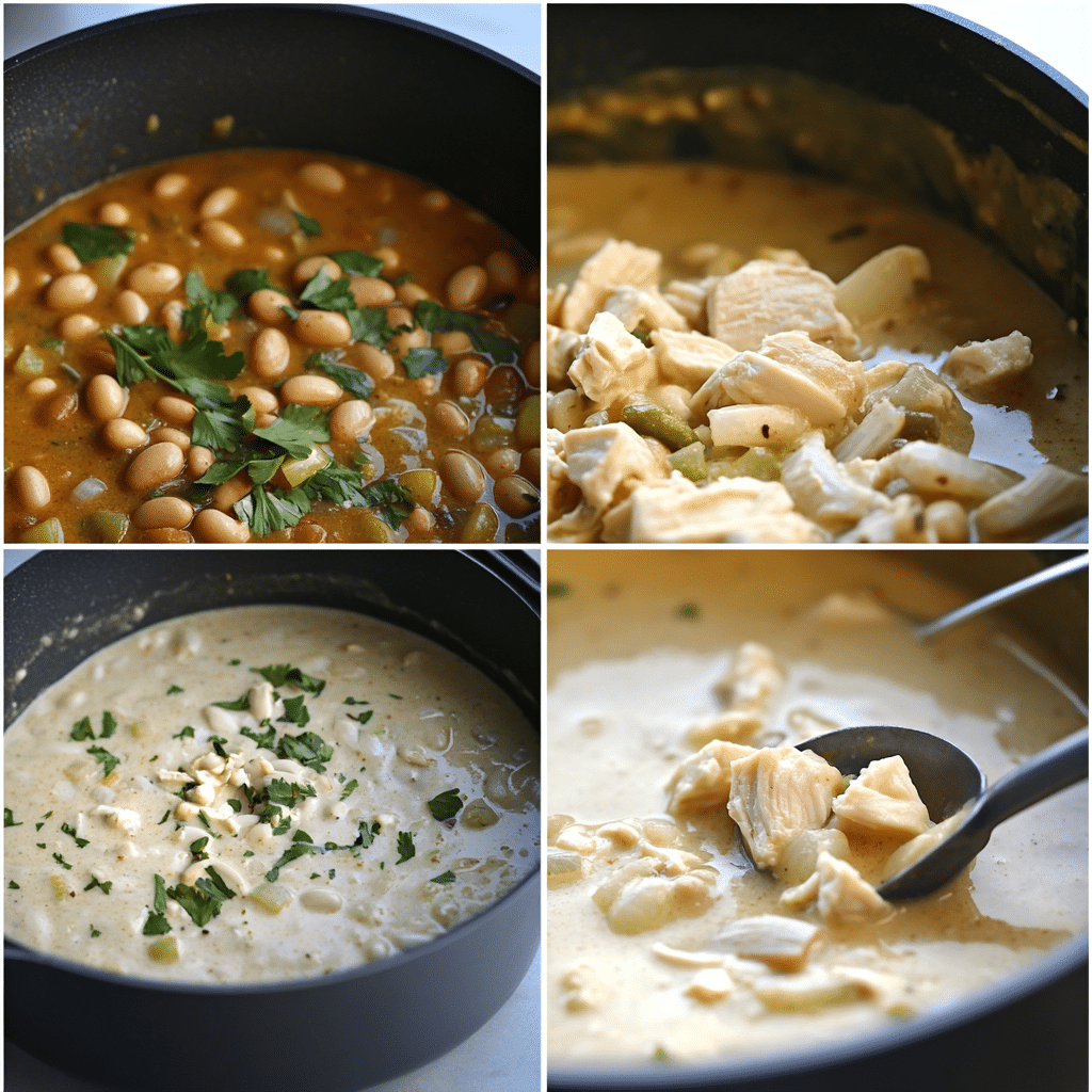 Four panel collage showing sautéing aromatics, simmering beans and broth, stirring in chicken and cream cheese, and serving chili