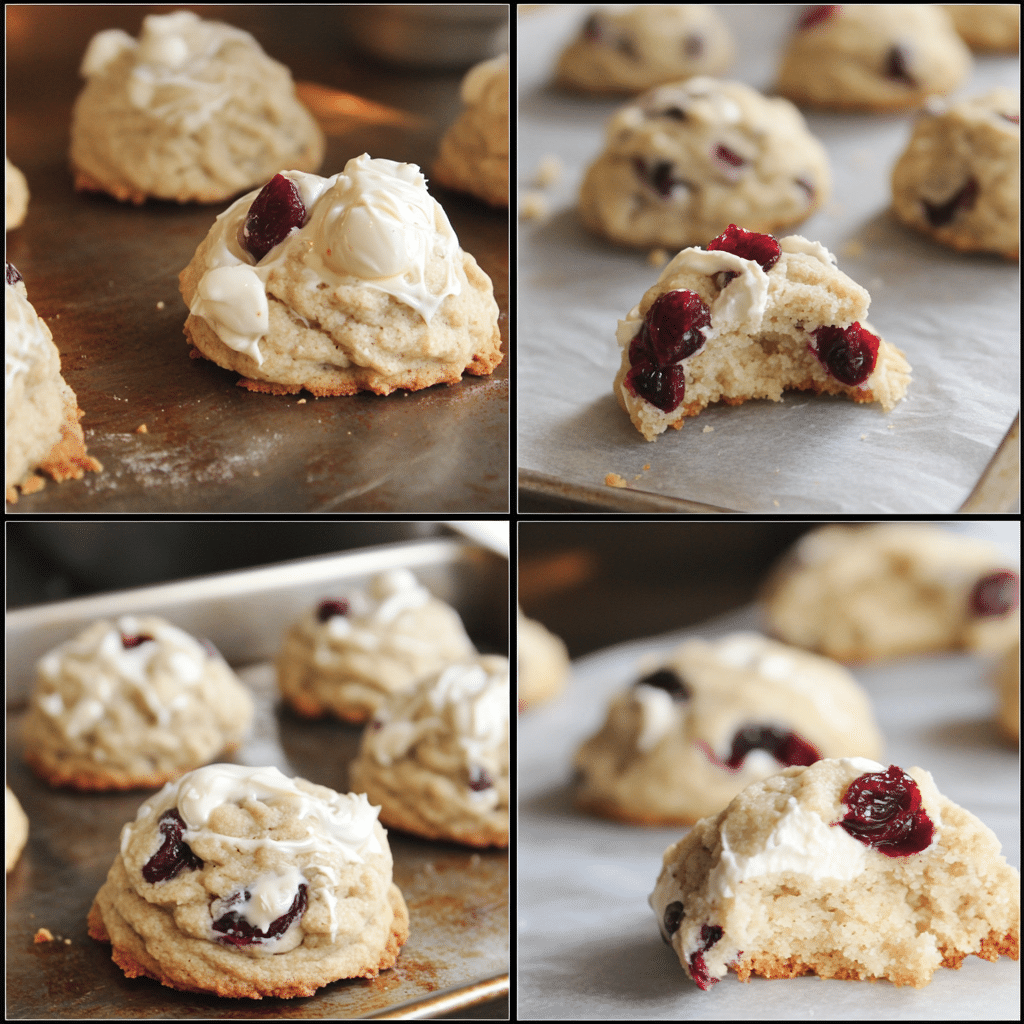 Four panel collage showing mixing dough, adding cranberries and white chocolate, scooping, and baked cookies cooling