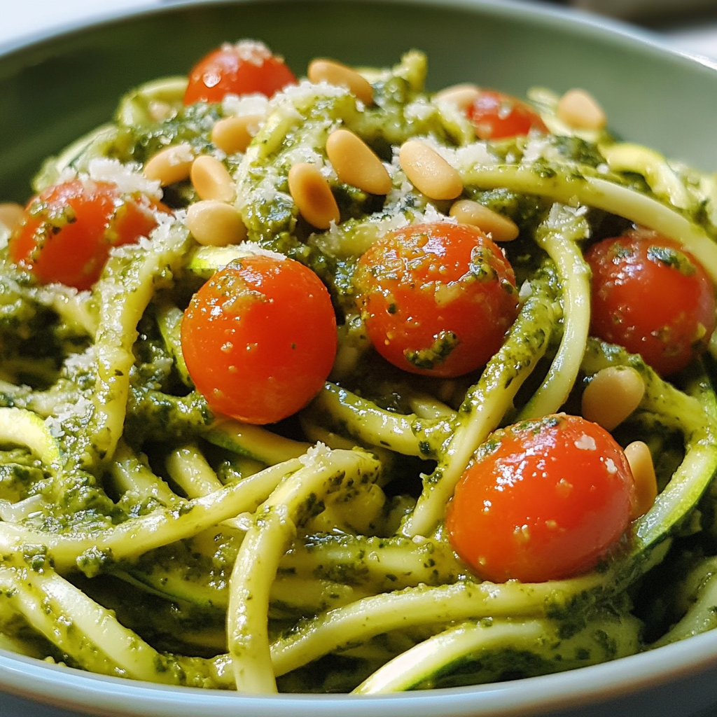 Zucchini noodles with pesto, cherry tomatoes, and parmesan style cheese in a bowl