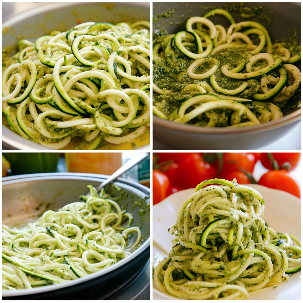 Four panel collage showing how to make zucchini noodles with pesto from spiralizing to tossing