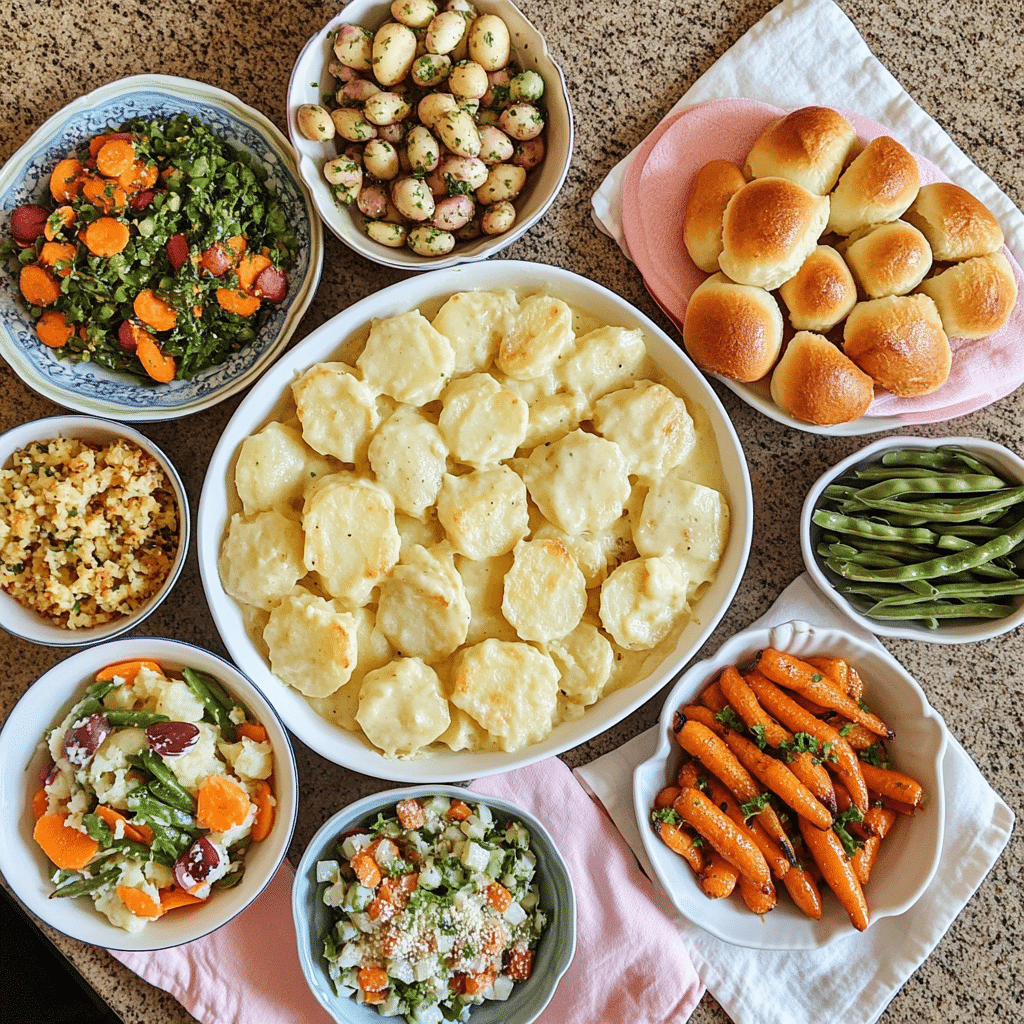 Easter table spread with scalloped potatoes, roasted vegetables, salad, and rolls
