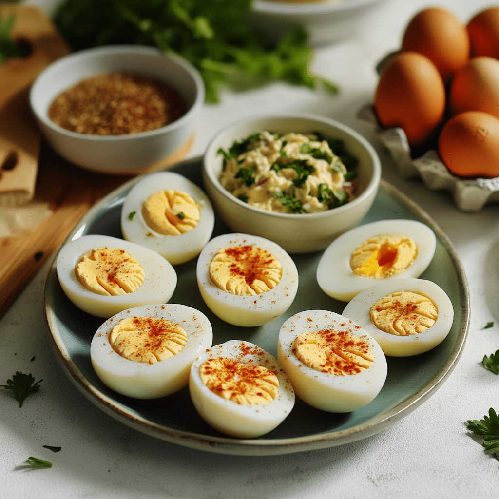 Hard-boiled eggs with deviled eggs and egg salad on a table