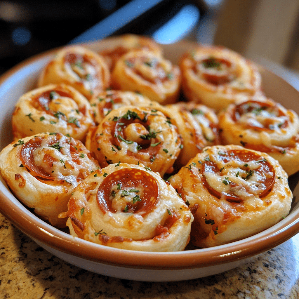 Homemade 25-minute easy pepperoni pizza pinwheels recipe in a serving dish in a bright kitchen