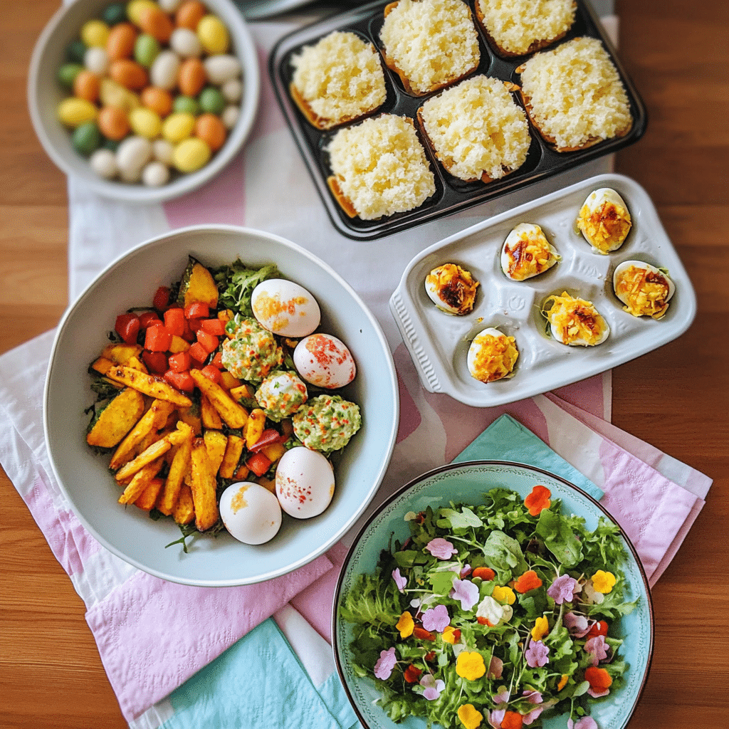 Easter table spread with quick side dishes, deviled eggs, salad, and easy desserts