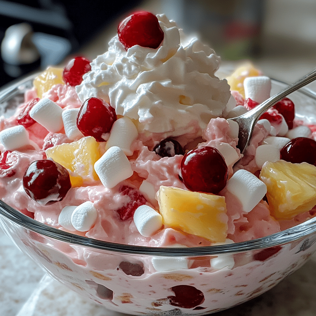 Bowl of pink cherry angel fluff salad with marshmallows and whipped topping